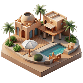 beautiful rustic Desert oasis resort, rammed earth structures, swimming pools, palm trees, luxurious ambiance, architectural rendering, high resolution png