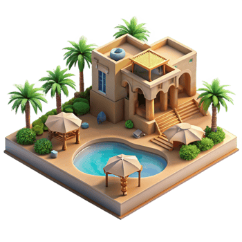 serene classic Desert oasis resort, rammed earth structures, swimming pools, palm trees, luxurious ambiance, architectural rendering, premium png