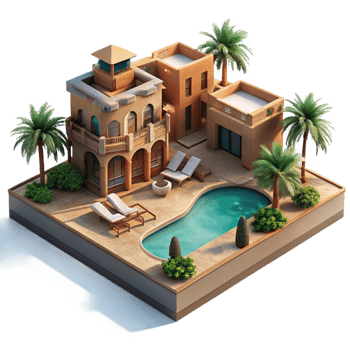 elegant rustic Desert oasis resort, rammed earth structures, swimming pools, palm trees, luxurious ambiance, architectural rendering, detailed png