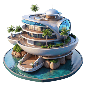 impressive artistic Floating hotel, futuristic design, panoramic ocean views, luxurious amenities, digital rendering, high quality png
