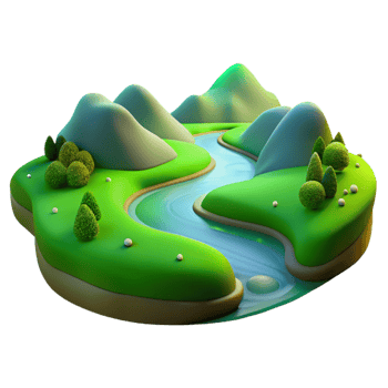 magnificent artistic A winding river flowing through a lush green valley, illuminated by the soft light of dawn. Landscape photography style authentic png