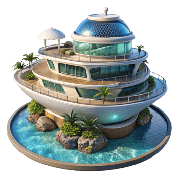 serene traditional Floating hotel, futuristic design, panoramic ocean views, luxurious amenities, digital rendering, premium png