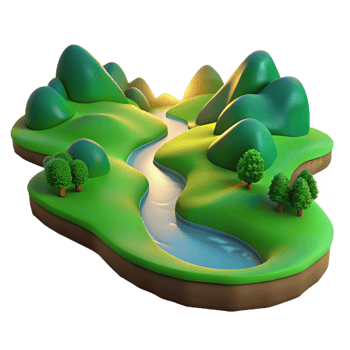 magnificent creative A winding river flowing through a lush green valley, illuminated by the soft light of dawn. Landscape photography style 4K png