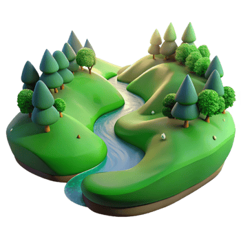 stunning contemporary A winding river flowing through a lush green valley, illuminated by the soft light of dawn. Landscape photography style high resolution png