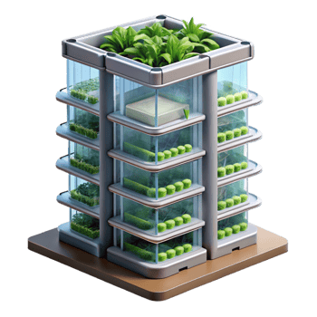 dramatic artistic Vertical farm skyscraper, hydroponic systems, integrated living spaces, sustainable urban farming, digital art, original png