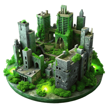 extraordinary classic Post-apocalyptic ruined city, crumbling buildings, overgrown with vegetation, eerie green light, dystopian style premium png