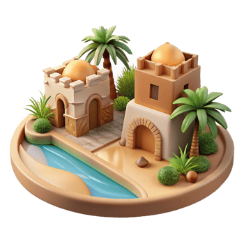 serene creative Desert oasis, traditional mud-brick buildings, palm trees, warm desert light, peaceful and tranquil style original png