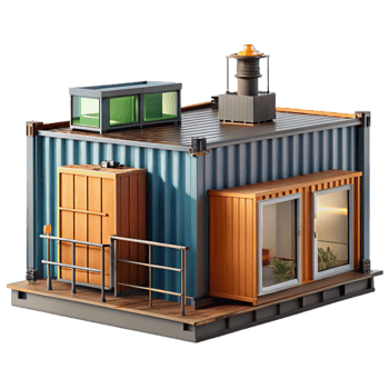 serene vintage Shipping container house, repurposed materials, industrial aesthetic, sustainable living, architectural photography, genuine png