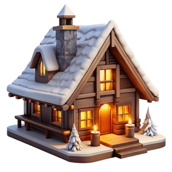 wonderful vintage Mountain lodge, rustic wooden construction, snow-covered roof, warm firelight, cozy and inviting style genuine png