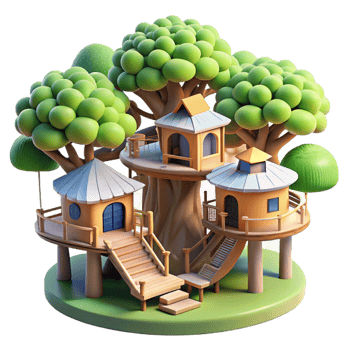 stunning rustic Treehouse village, interconnected platforms and walkways, dappled sunlight filtering through the leaves, whimsical and playful style professional png