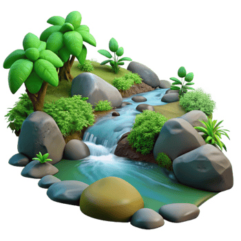magnificent contemporary A babbling brook flowing over smooth stones in a forest, surrounded by lush green vegetation. Nature photography style original png