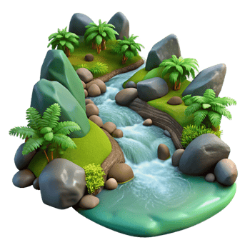 elegant contemporary A babbling brook flowing over smooth stones in a forest, surrounded by lush green vegetation. Nature photography style original png