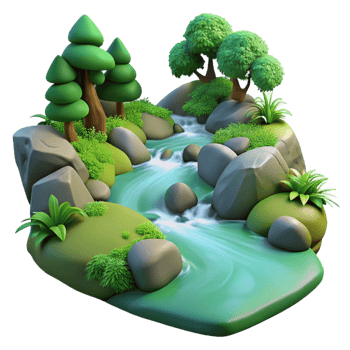 serene traditional A babbling brook flowing over smooth stones in a forest, surrounded by lush green vegetation. Nature photography style original png