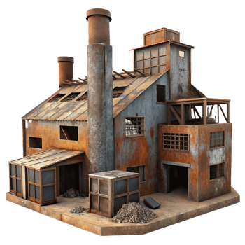 extraordinary artistic Abandoned factory, rusted metal structures, broken windows, dim and dusty light, eerie and desolate style high resolution png