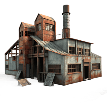 beautiful modern Abandoned factory, rusted metal structures, broken windows, dim and dusty light, eerie and desolate style high quality png