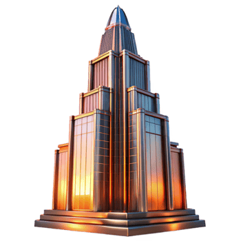 stunning modern A towering Art Deco skyscraper, chrome and glass, reflecting a vibrant sunset, volumetric lighting, cinematic style premium png