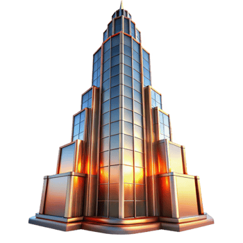 stunning classic A towering Art Deco skyscraper, chrome and glass, reflecting a vibrant sunset, volumetric lighting, cinematic style detailed png