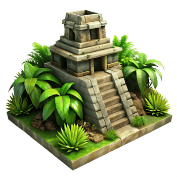dramatic rustic A crumbling Mayan temple overgrown with lush jungle vegetation, dappled sunlight, photorealistic style genuine png