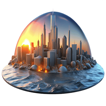 wonderful minimalist A futuristic cityscape crumbling into the sea, lit by a fiery sunset reflecting in the polluted water, apocalyptic and dramatic, high resolution png