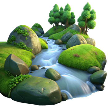 impressive classic A babbling brook flowing through a mossy forest, long exposure, ethereal lighting high resolution png