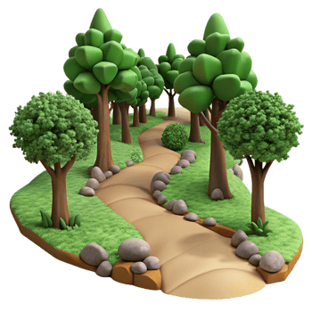 magnificent modern A winding dirt path through a dense forest, dappled sunlight, realistic style detailed png