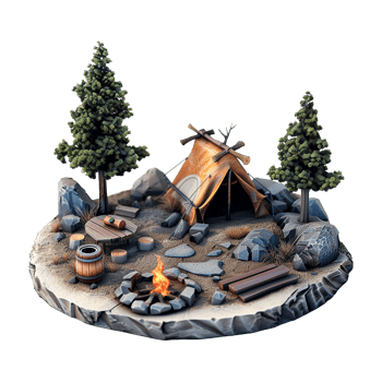 Miniature Campsite Diorama with Tent Fire and Trees png
