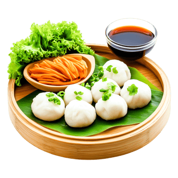 Freshly Steamed Dumplings with Vegetables and Soy Sauce in Wooden Steamer png