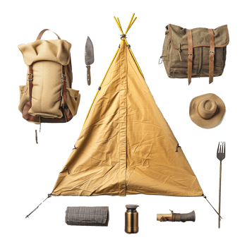 Vintage Camping and Hiking Equipment Collection Tent, Backpacks, Hat, Knife and Utensils png