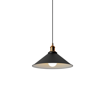 Elegant Black and Gold Cone Shaped Pendant Light Fixture Hanging Against a Gray Striped Wall png