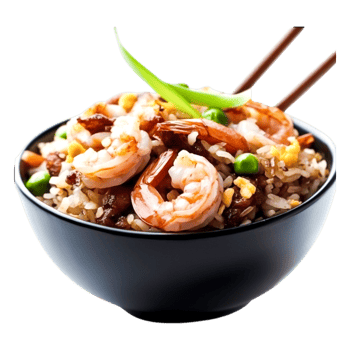 Delicious Shrimp Fried Rice with Vegetables in a Black Bowl png