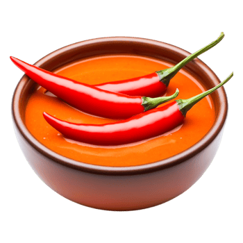 Red Chili Peppers in Spicy Sauce Wooden Surface in a Brown Bowl png