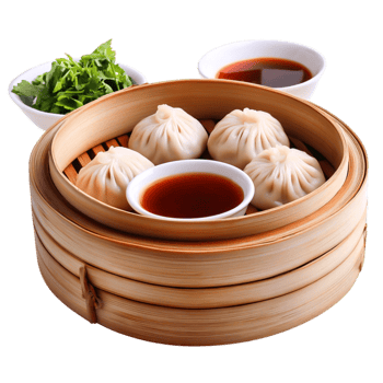Delicious Chinese Dumplings in Bamboo Steamer with Dipping Sauce and Herbs png