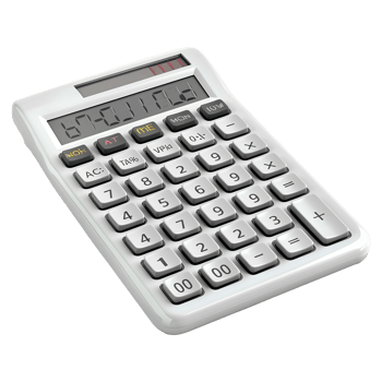 Highangle closeup shot of a white calculator with a large display showing the number 670310 png