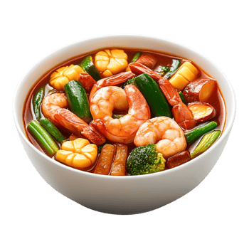 Colorful Shrimp and Vegetable Stir Fry in Bowl with Vibrant Colors png