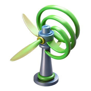 vibrant rustic A wind turbine generating electricity, visualized by swirling lines of energy emanating from its blades, in a sustainable technology visualization style high quality png