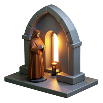 extraordinary modern A solitary monk praying in a simple stone chapel, lit by a single, ethereal ray of light through a stained-glass window, in a religious iconography style detailed png