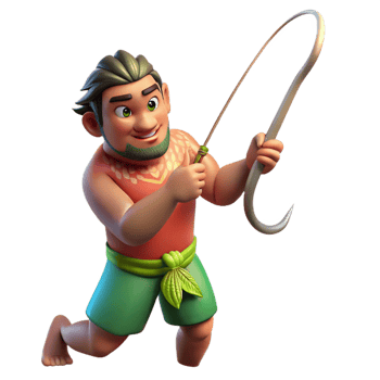vibrant creative A mysterious Polynesian Maui fishing up islands from the ocean depths, muscles straining, sunlight glinting off his magical fishhook. Realistic style, vibrant lighting high resolution png