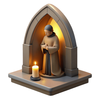 vibrant contemporary A solitary monk praying in a simple stone chapel, lit by a single, ethereal ray of light through a stained-glass window, in a religious iconography style authentic png