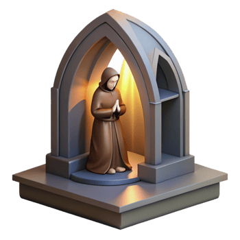 dramatic creative A solitary monk praying in a simple stone chapel, lit by a single, ethereal ray of light through a stained-glass window, in a religious iconography style high resolution png