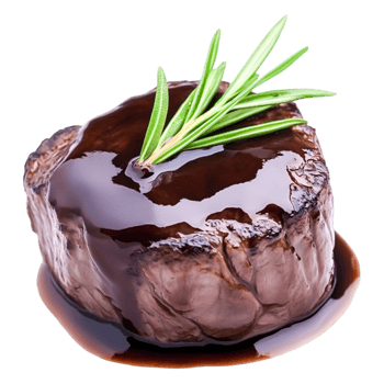 Delicious gourmet steak with rich sauce and fresh herb garnish on plate png