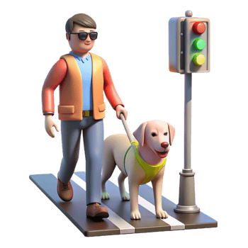 wonderful rustic A robotic guide dog leading a visually impaired person through a busy street, illuminated by traffic lights. Street photography style high resolution png