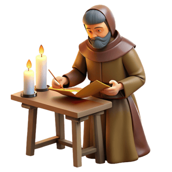 magnificent classic A medieval monk illuminated by the soft glow of a candle as he meticulously copies a manuscript in a scriptorium. Realistic, detailed style professional png