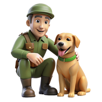 magnificent creative A soldier shares a moment of camaraderie with a stray dog amidst the ruins. Touching composition, heartwarming style exclusive png