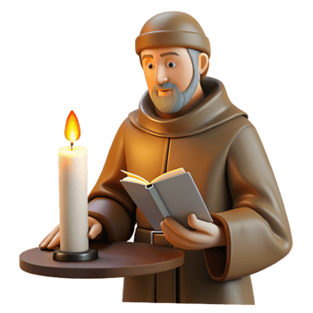 impressive modern A medieval monk illuminated by the soft glow of a candle as he meticulously copies a manuscript in a scriptorium. Realistic, detailed style high resolution png