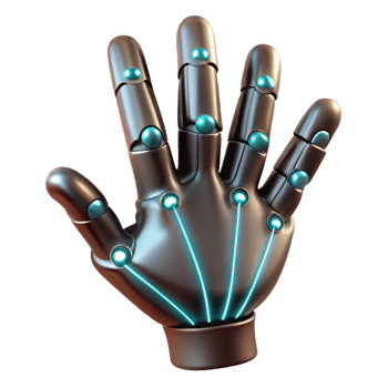 dramatic traditional A human hand with articulated finger extensions made of brushed steel and glowing wires, dramatic chiaroscuro lighting, bioluminescent style authentic png