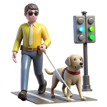 stunning abstract A robotic guide dog leading a visually impaired person through a busy street, illuminated by traffic lights. Street photography style high resolution png
