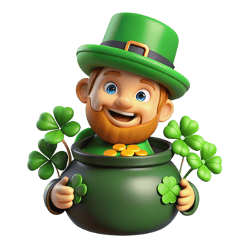 stunning minimalist A mischievous leprechaun, with a pot of gold at his feet, hiding amongst a patch of four-leaf clovers, bright, cheerful lighting. Cartoon style genuine png