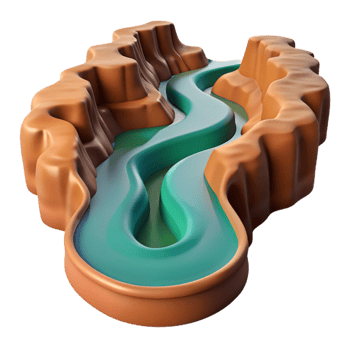 serene abstract A winding river cutting through a canyon, aerial view, dramatic lighting, realistic rendering original png