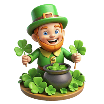vibrant modern A mischievous leprechaun, with a pot of gold at his feet, hiding amongst a patch of four-leaf clovers, bright, cheerful lighting. Cartoon style premium png
