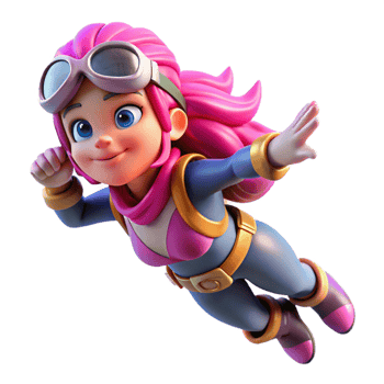 vibrant vintage A determined young girl with bright pink hair and freckles, wearing a jetpack and goggles, soaring through the air, vibrant comic book style with cel-shading professional png